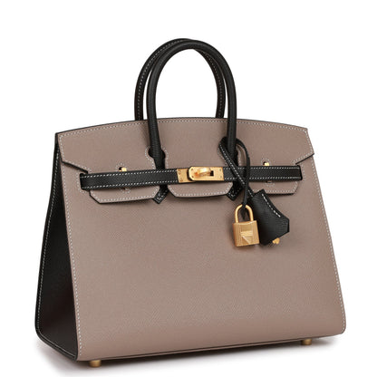 Hermes Birkin 25 Sellier Etoupe and Black Epsom Brushed Gold Hardware