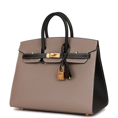 Hermes Birkin 25 Sellier Etoupe and Black Epsom Brushed Gold Hardware
