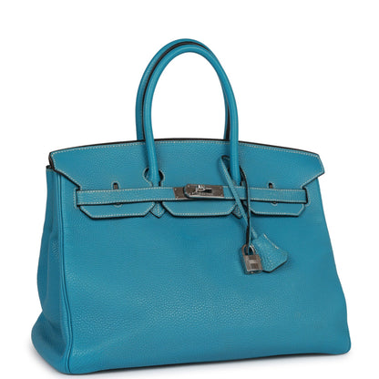 Pre-owned Hermes Birkin 35 Blue Jean Togo Palladium Hardware