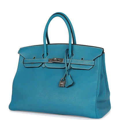 Pre-owned Hermes Birkin 35 Blue Jean Togo Palladium Hardware