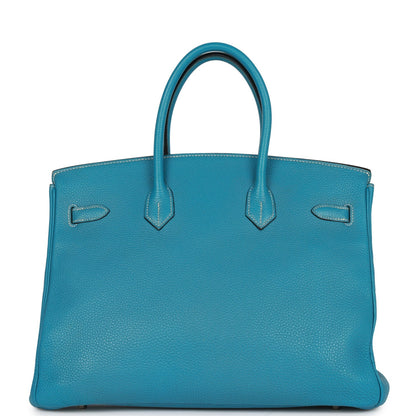 Pre-owned Hermes Birkin 35 Blue Jean Togo Palladium Hardware