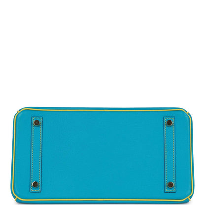 Pre-owned Hermes Special Order (HSS) Birkin 30 Bleu Turquoise and Lime Chevre Gold Hardware
