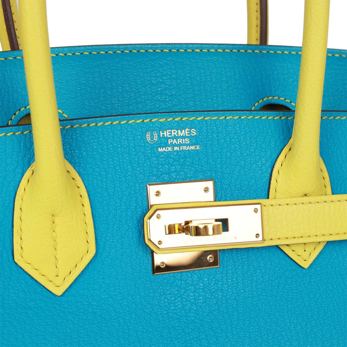 Pre-owned Hermes Special Order (HSS) Birkin 30 Bleu Turquoise and Lime Chevre Gold Hardware