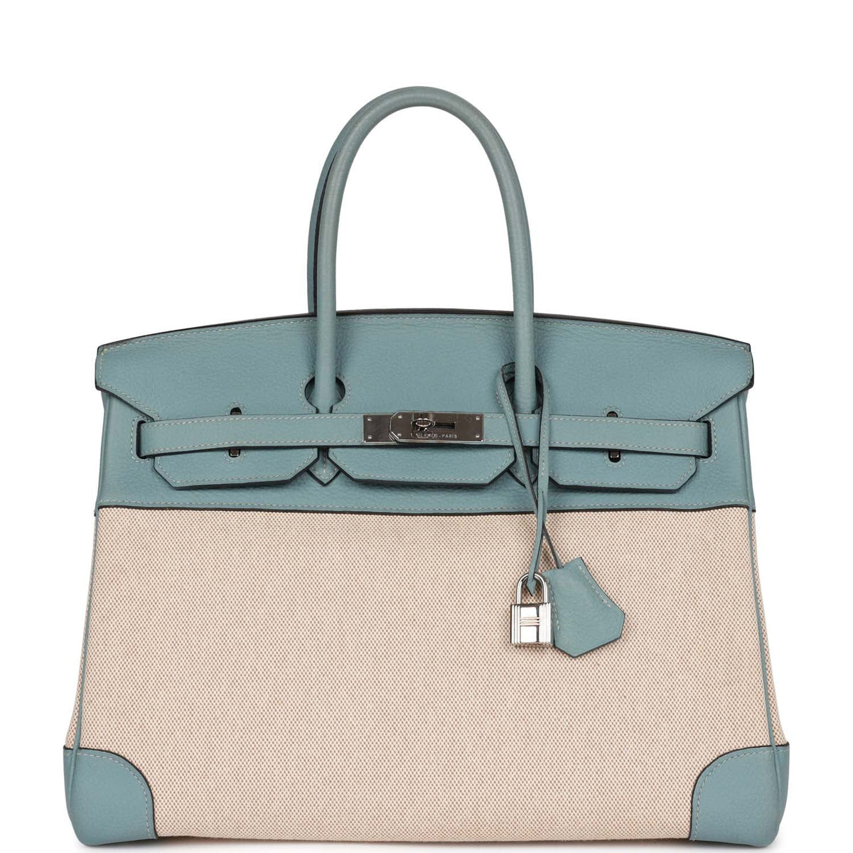 Pre-owned Hermes Birkin 35 Toile H and Ciel Clemence Palladium Hardware