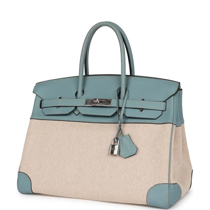 Pre-owned Hermes Birkin 35 Toile H and Ciel Clemence Palladium Hardware