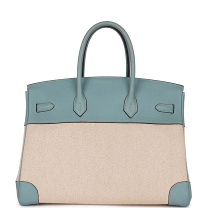 Pre-owned Hermes Birkin 35 Toile H and Ciel Clemence Palladium Hardware