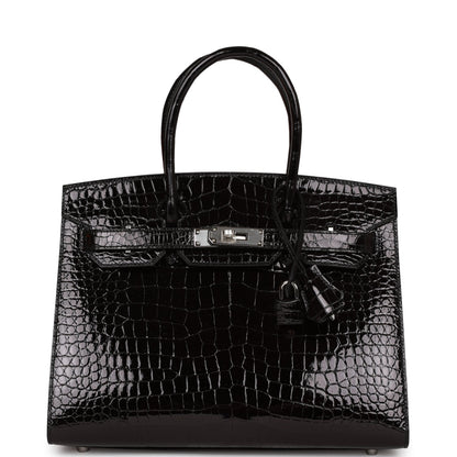 Hermes Birkin 30 Sellier Black Shiny Porosus Crocodile Palladium Hardware