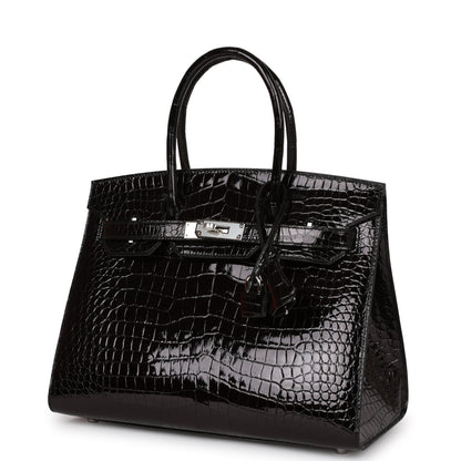 Hermes Birkin 30 Sellier Black Shiny Porosus Crocodile Palladium Hardware