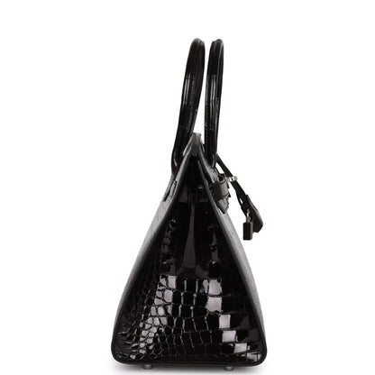 Hermes Birkin 30 Sellier Black Shiny Porosus Crocodile Palladium Hardware
