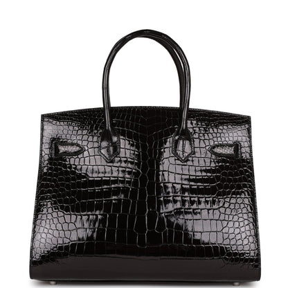 Hermes Birkin 30 Sellier Black Shiny Porosus Crocodile Palladium Hardware