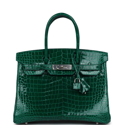 Pre-owned Hermes Birkin 30 Emerald Shiny Niloticus Crocodile Palladium Hardware