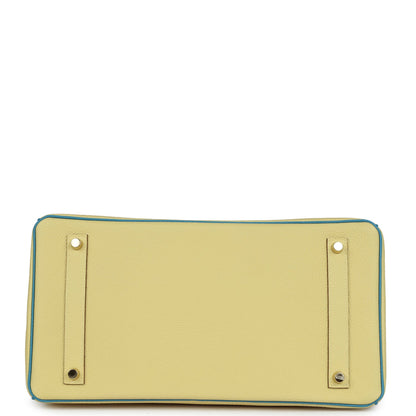 Pre-owned Hermes Special Order (HSS) Birkin 35 Jaune Poussin and Bleu Paradise Togo Brushed Gold Hardware