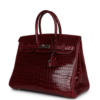 Pre-owned Hermes Birkin 35 Rouge H Shiny Porosus Crocodile Palladium Hardware