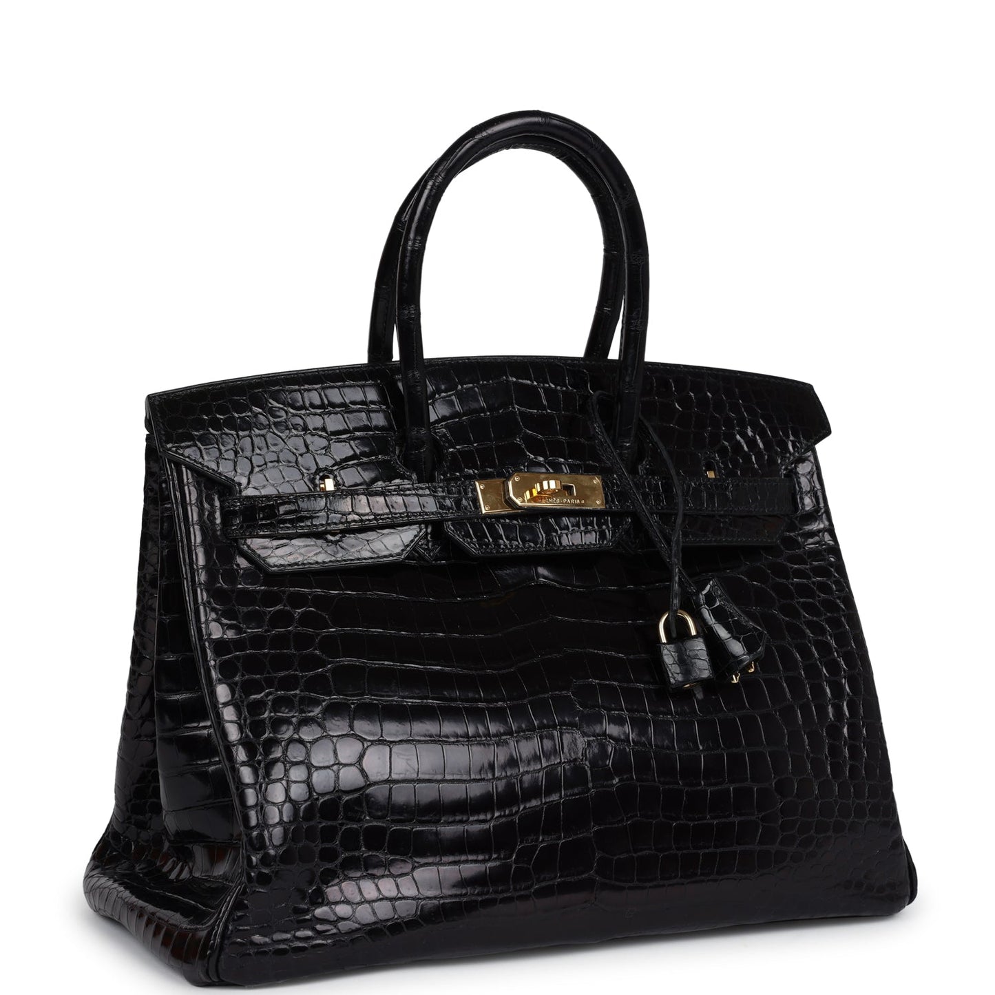 Pre-owned Hermes Birkin 35 Black Shiny Porosus Crocodile Gold Hardware