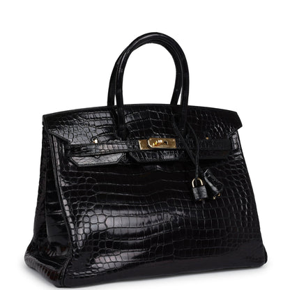 Pre-owned Hermes Birkin 35 Black Shiny Porosus Crocodile Gold Hardware