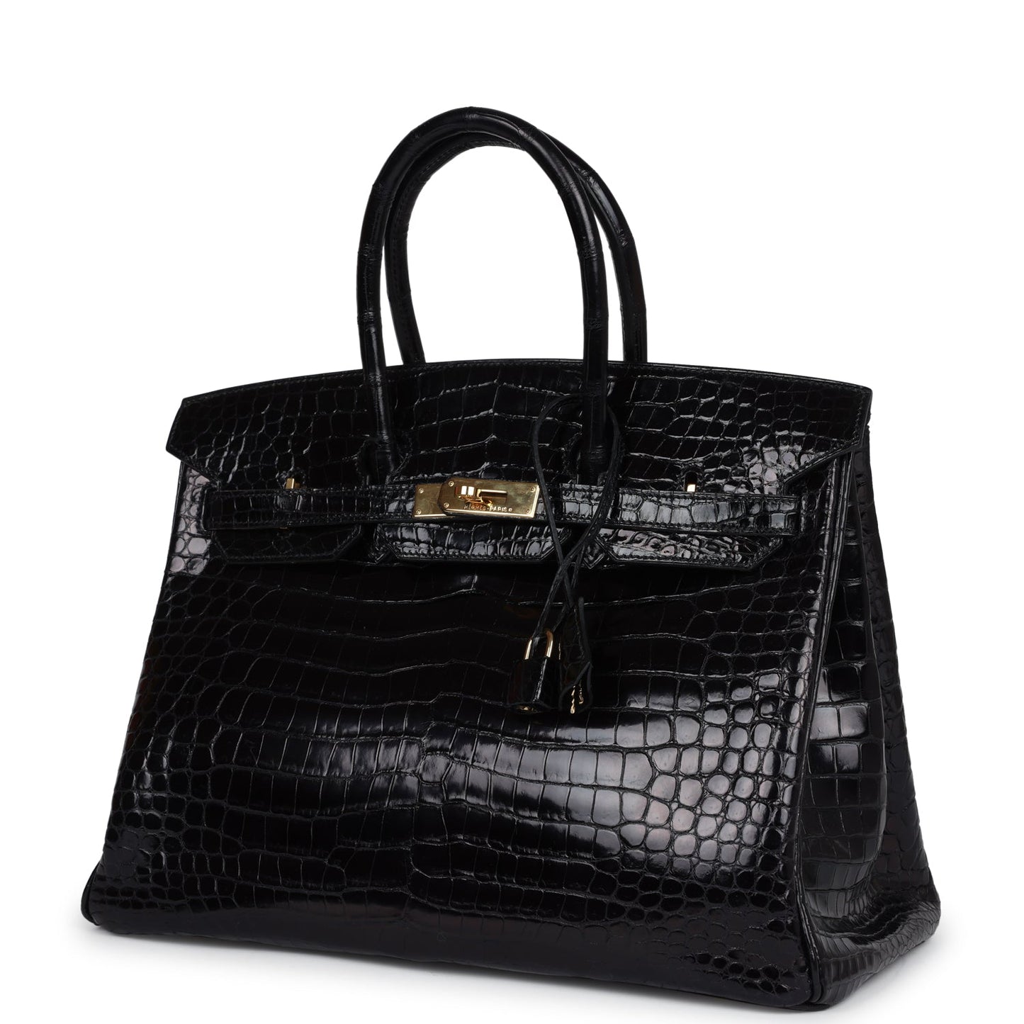 Pre-owned Hermes Birkin 35 Black Shiny Porosus Crocodile Gold Hardware