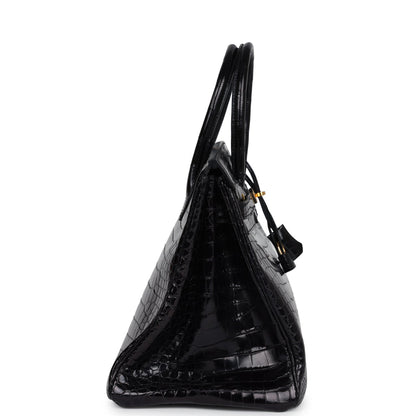Pre-owned Hermes Birkin 35 Black Shiny Porosus Crocodile Gold Hardware