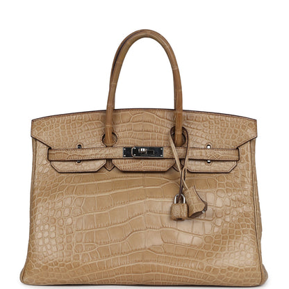 Pre-owned Hermes Birkin 35 Poussiere Matte Alligator Palladium Hardware