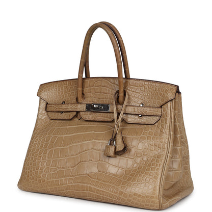 Pre-owned Hermes Birkin 35 Poussiere Matte Alligator Palladium Hardware