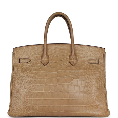 Pre-owned Hermes Birkin 35 Poussiere Matte Alligator Palladium Hardware