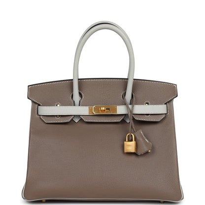 Pre-owned Hermes Special Order (HSS) Birkin 30 Etoupe and Gris Perle Chevre Brushed Gold Hardware