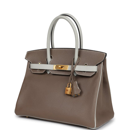 Pre-owned Hermes Special Order (HSS) Birkin 30 Etoupe and Gris Perle Chevre Brushed Gold Hardware