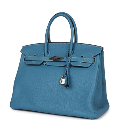 Pre-owned Hermes Birkin 35 Blue Jean Clemence Palladium Hardware