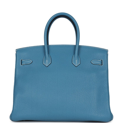 Pre-owned Hermes Birkin 35 Blue Jean Clemence Palladium Hardware