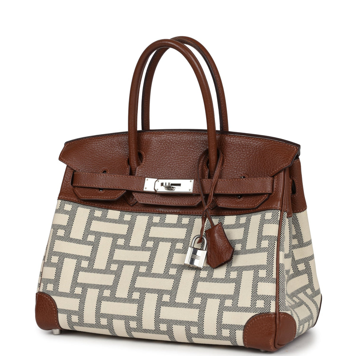 Pre-owned Hermes Birkin 30 Marron D'Inde Buffalo and Mosaique Canvas Palladium Hardware