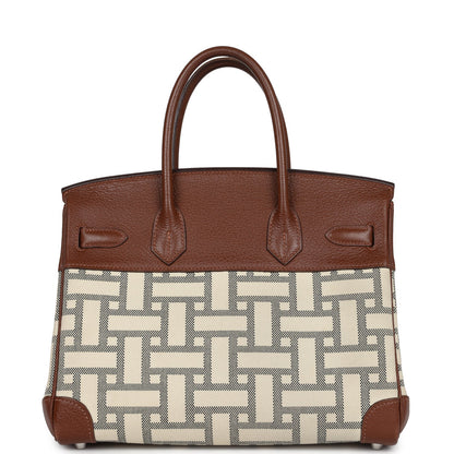 Pre-owned Hermes Birkin 30 Marron D'Inde Buffalo and Mosaique Canvas Palladium Hardware