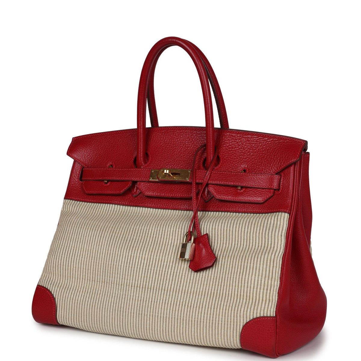 Vintage Hermes Birkin 35 Rouge Vif Buffalo and Crinoline Gold Hardware