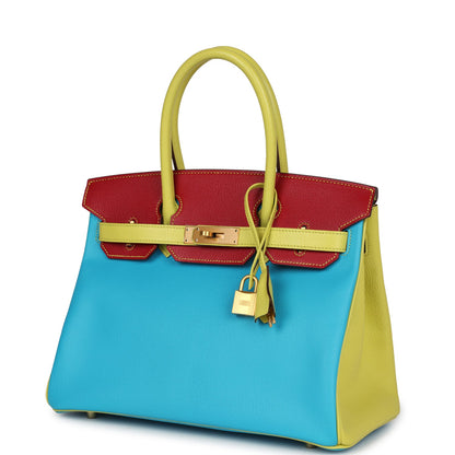 Hermes Special Order (HSS) Tri-color Birkin 30 Bleu Aztec, Soufre and Rouge Vif Chevre Brushed Gold Hardware