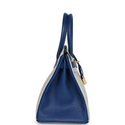 Hermes Special Order (HSS) Birkin 30 Gris Perle and Bleu Saphir Chevre Brushed Gold Hardware