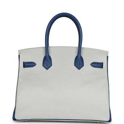 Hermes Special Order (HSS) Birkin 30 Gris Perle and Bleu Saphir Chevre Brushed Gold Hardware
