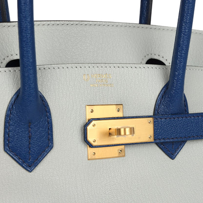 Hermes Special Order (HSS) Birkin 30 Gris Perle and Bleu Saphir Chevre Brushed Gold Hardware