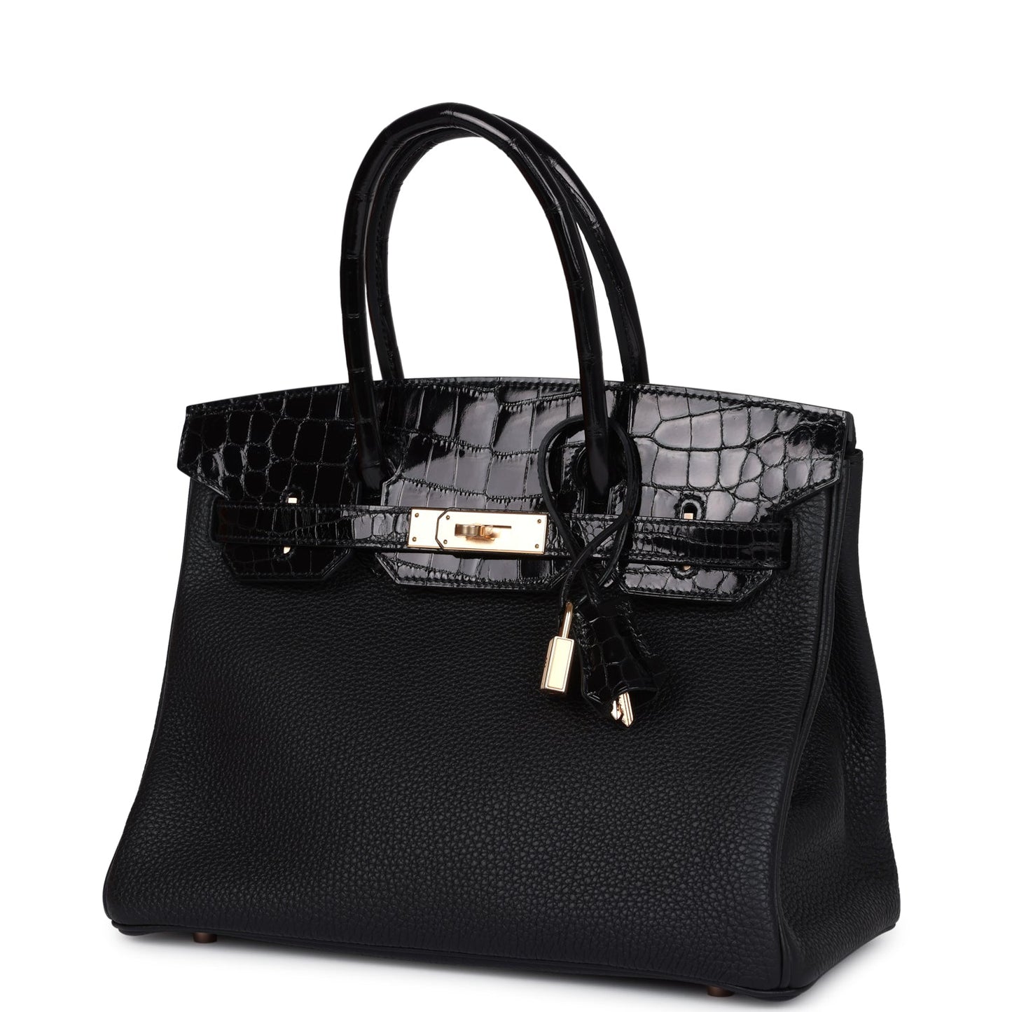 Hermes Birkin 30 Black Shiny Niloticus Crocodile and Togo Touch Rose Gold Hardware