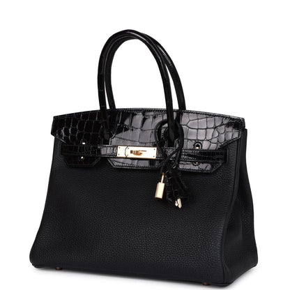 Hermes Birkin 30 Black Shiny Niloticus Crocodile and Togo Touch Rose Gold Hardware