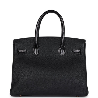 Hermes Birkin 30 Black Shiny Niloticus Crocodile and Togo Touch Rose Gold Hardware