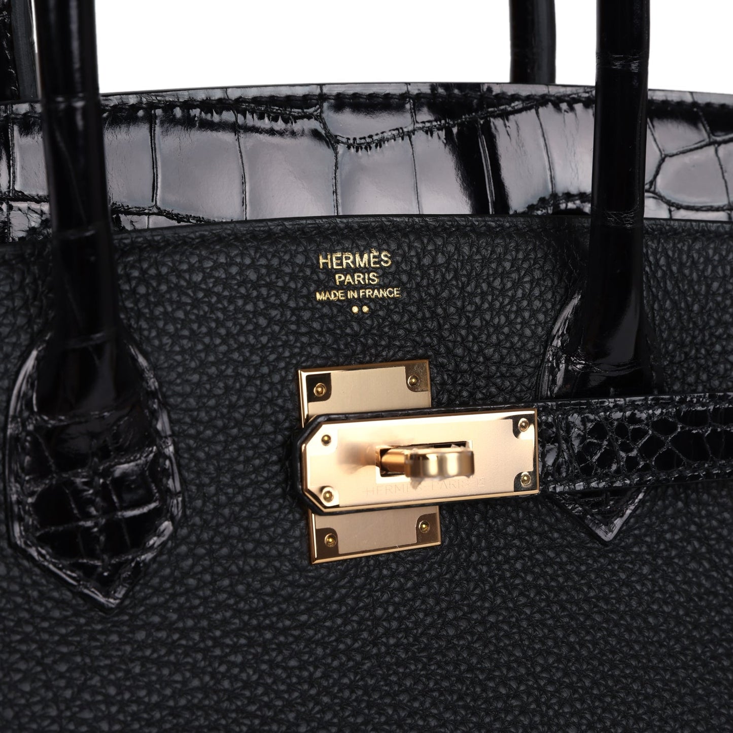 Hermes Birkin 30 Black Shiny Niloticus Crocodile and Togo Touch Rose Gold Hardware