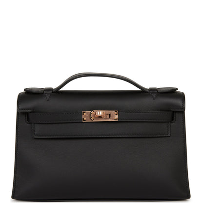 Hermes Kelly Pochette Black Swift Rose Gold Hardware