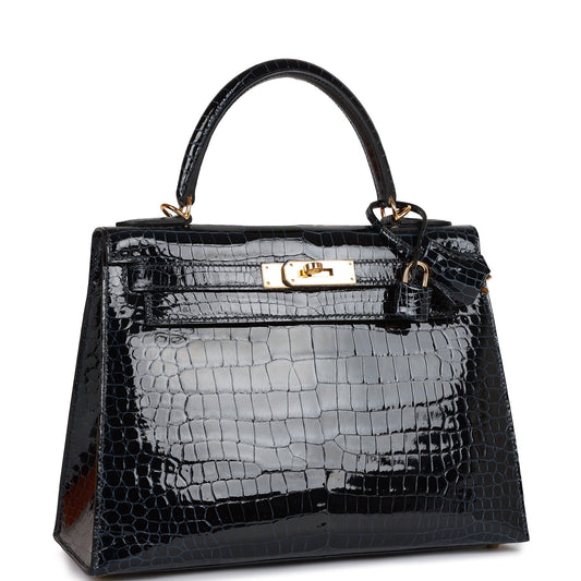 Hermes Kelly 28 Sellier Bleu Baltique Shiny Porosus Crocodile Gold Hardware