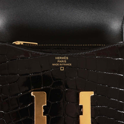 Hermes Constance Slim Wallet Shiny Black Alligator Gold Hardware