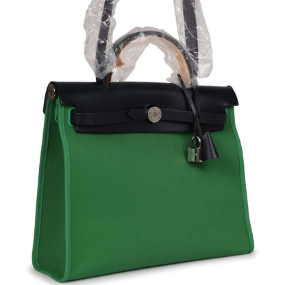 Hermes Herbag Zip PM 31 Bambou Toile H/Bleu Indigo Vache Hunter Palladium Hardware