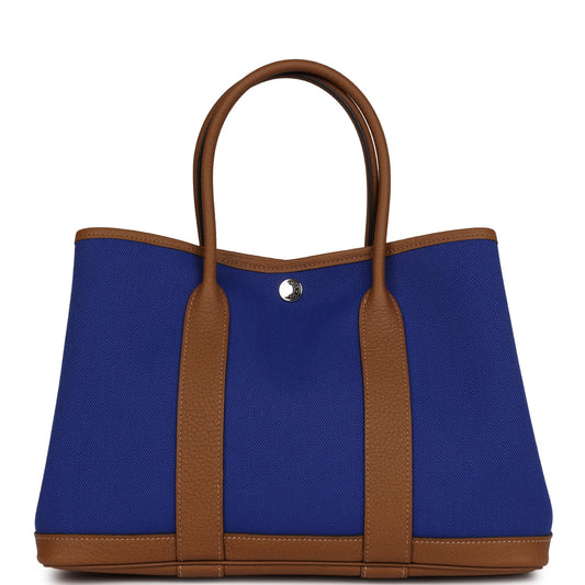 Hermes Garden Party 30  Bleu Electric Toile and Alezan Negonda Palladium Hardware