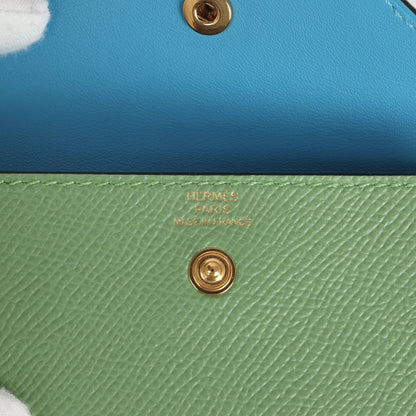 Hermes Kelly Pocket Belt 18 Vert Criquet/Chai/Bleu Frida Epsom Gold Hardware