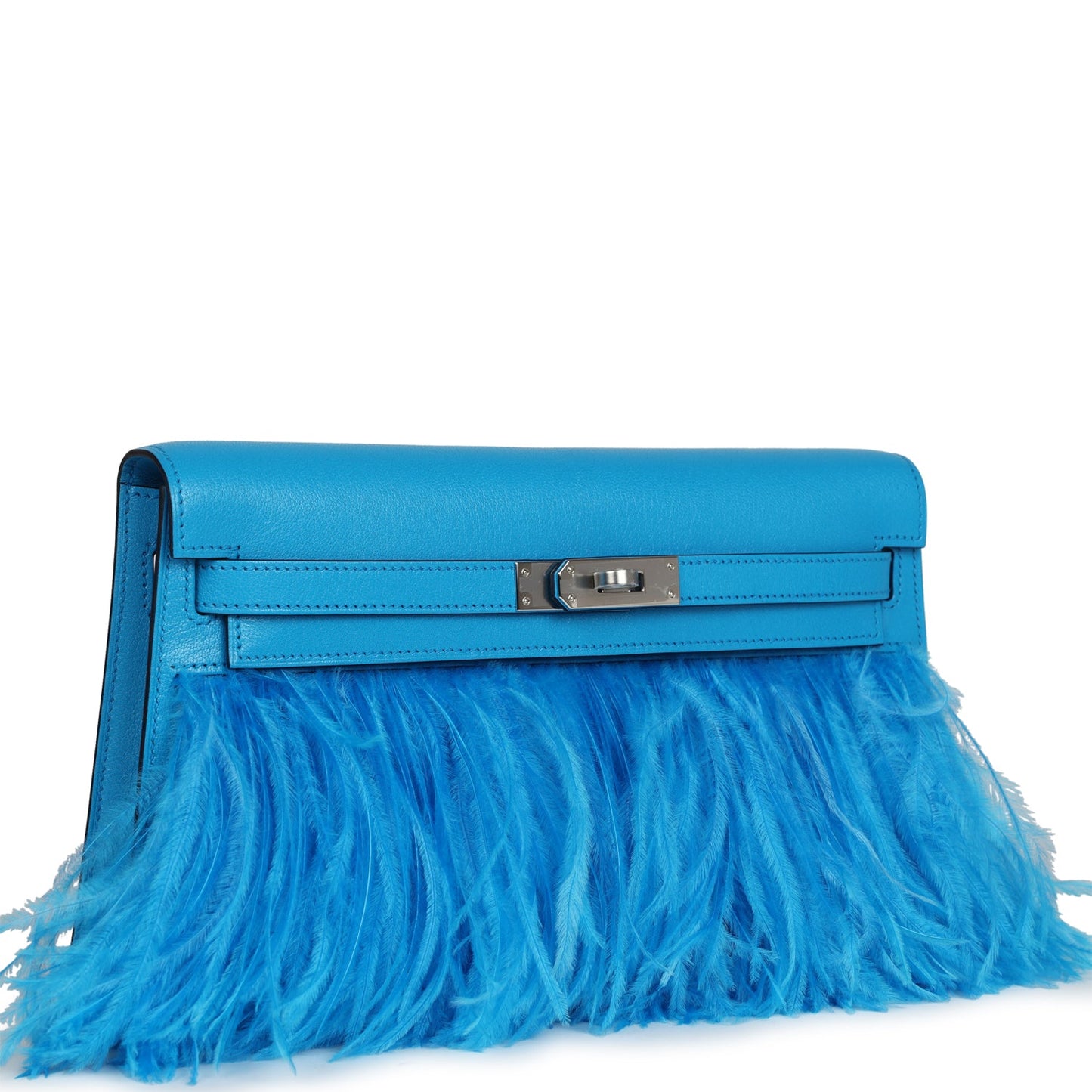 Hermes Kelly Elan Foile Bleu Frida Chevre Chamkila and Ostrich Feathers Palladium Hardware