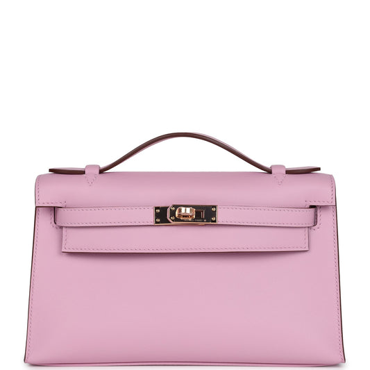 Hermes Kelly Pochette Mauve Sylvestre Swift Rose Gold Hardware