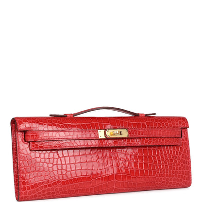 Hermes Kelly Cut Bougainvillea Shiny Porosus Crocodile Gold Hardware