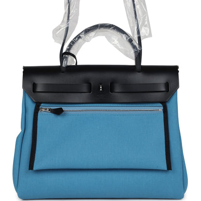 Hermes Herbag Zip PM 31 Blue Jean Toile H and Black Vache Hunter Palladium Hardware