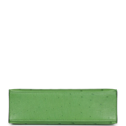 Hermes Kelly Pochette Vert Yucca Ostrich Palladium Hardware